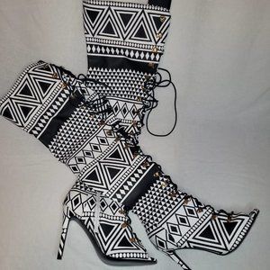 Tribal Print Open Toe Thigh High Boots
